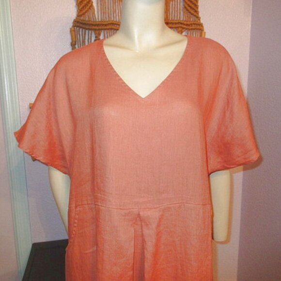 Grae Cove Linen Midi Dress Size XXL 2X Pockets Pleated Short Sleeve Lagenlook - Picture 2 of 13